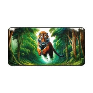 Tiger leaping through lush green forest.