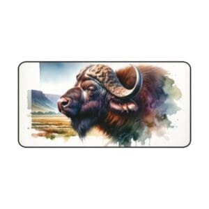 Watercolor buffalo illustration in natural landscape.