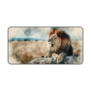 Lion resting on a rock in grassland.