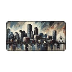 Abstract cityscape with skyscrapers and bridge.
