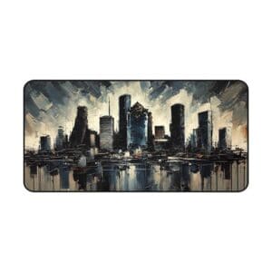 Abstract cityscape painting with tall buildings.