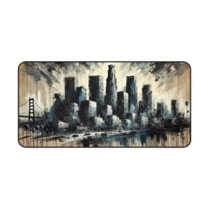 Abstract cityscape with skyscrapers and bridge.