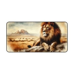 Lion resting in a scenic desert landscape.