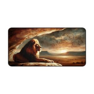 Lion resting in cave at sunset.