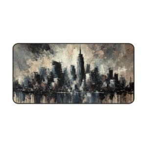 Abstract cityscape painting with tall buildings.