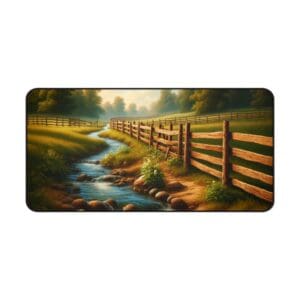 Stream and fence in a grassy field.