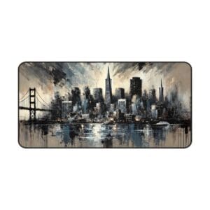 Abstract cityscape painting with a bridge.