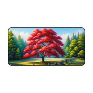 Vibrant red tree in a lush forest.