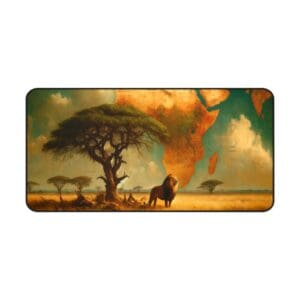 Lion beneath tree with Africa map background.