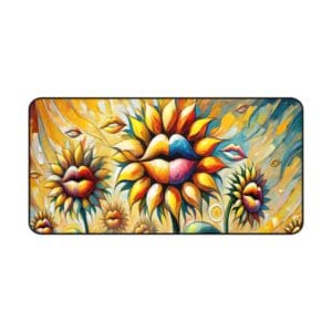Surreal sunflowers with lips, vibrant colors.
