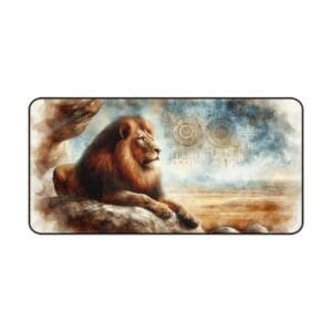 Lion resting on a rocky landscape.