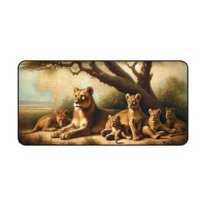 Lioness with cubs resting under tree.