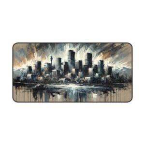 Abstract cityscape painting with skyline reflection.