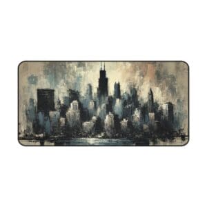 Abstract city skyline painting in grayscale.