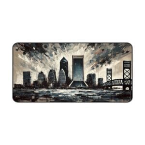 Abstract city skyline with bridge and buildings.
