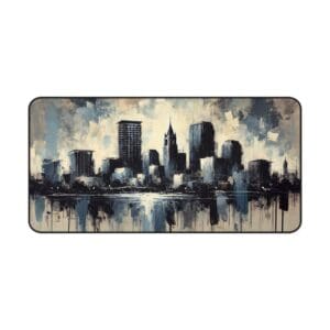 Abstract cityscape painting with skyline reflection.