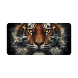 Tiger face with smoky background, intense gaze.