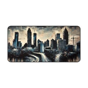 Abstract city skyline painting with skyscrapers.