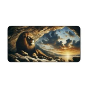 Lion resting in cave, watching sunset.