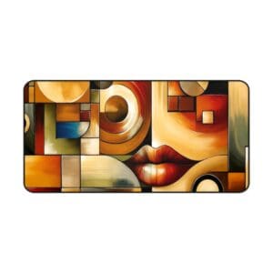 Abstract geometric painting with stylized human features.