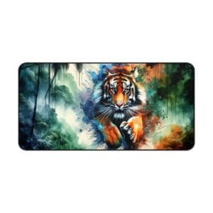 Tiger leaping through colorful abstract forest.