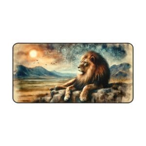 Lion resting in a mystical landscape.