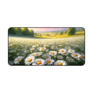 Daisy field under a colorful sky.
