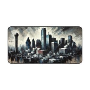 Abstract cityscape painting with tall buildings.