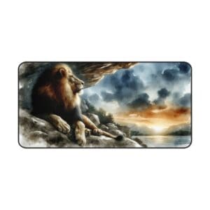 Lion resting on cliff at sunset.