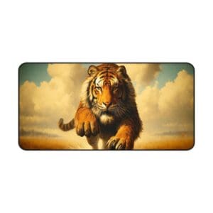 Tiger running forward under cloudy sky.