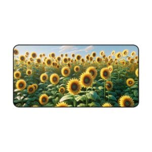 Field of blooming sunflowers under blue sky.