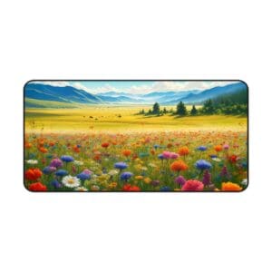 Colorful wildflowers in a mountain meadow landscape.