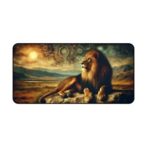 Lion resting on rock under mystical sky.
