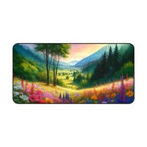 Colorful valley with wildflowers and trees.