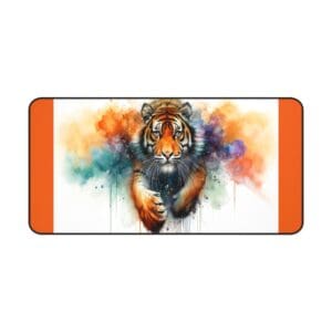 Tiger illustration with colorful watercolor splashes.