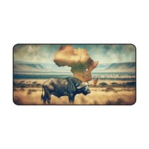 Buffalo in savanna with Africa map background.
