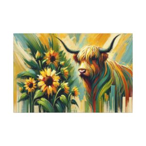Highland cow painting with sunflowers.