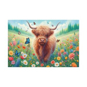 Highland cow in a flower field.