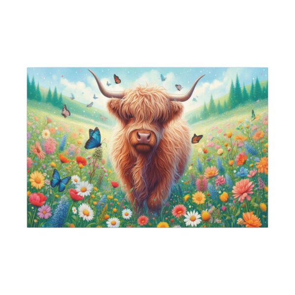 Highland cow in a flower field.