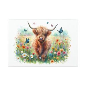 Highland cow in a wildflower meadow.