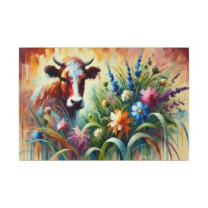 Here's an alt tag for the image: Cow amidst colorful wildflowers.