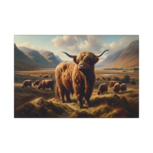 Highland cattle in Scottish landscape.