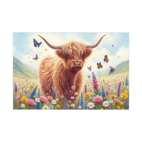 Highland cow in a wildflower meadow.