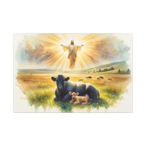 Jesus, cow, calf, peaceful pasture scene.