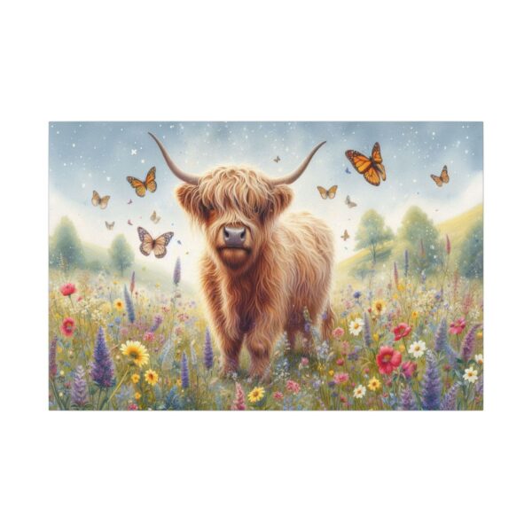 Highland cow in a butterfly meadow.