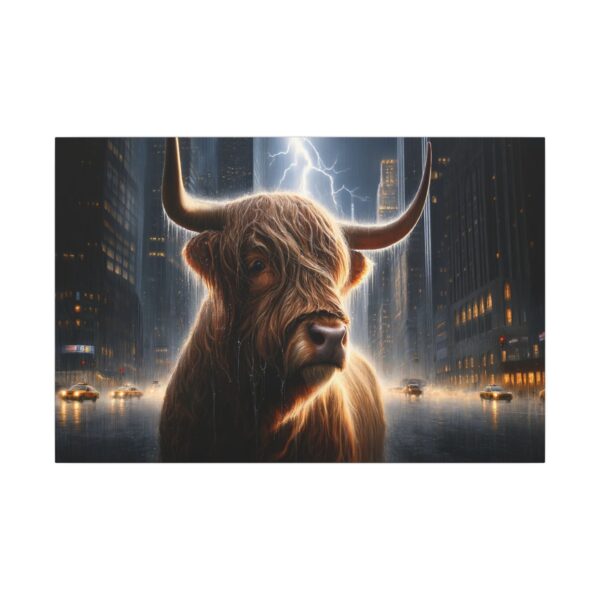 Highland cow in rainy city at night.