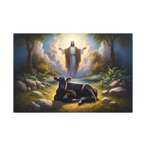 Jesus and a calf in a peaceful scene.