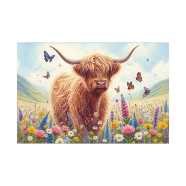 Highland cow in a wildflower meadow.
