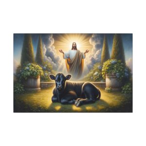 Jesus, calf, garden, peaceful scene.