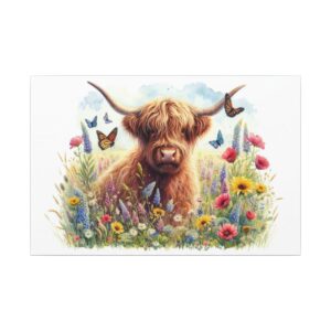 Highland cow in wildflowers with butterflies.